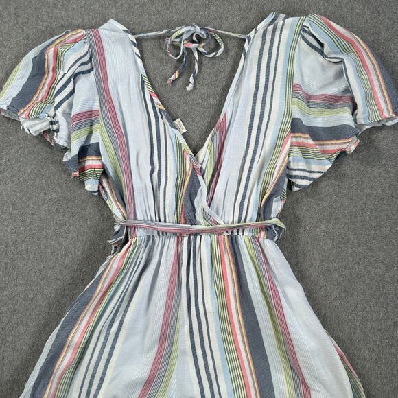 Altar'd State Stripe Romper Flutter Sleeve Size Small Belted V-Neck Blue Pink - Picture 11 of 11